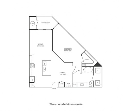 Floor plan of a 1 bedroom apartment